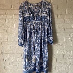 R Vivimos Dress Womens Size 4/6 Blue Midi Prairie Modest Tassels Printed